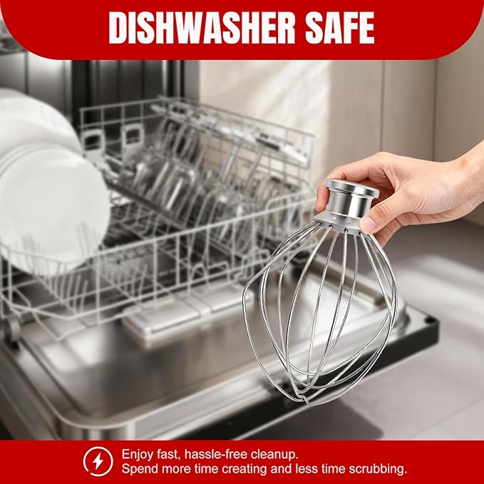 Dishwasher Safe K45WW Wire Whip for Kitchenaid Whisk Attachment 4.5QT-5QT Tilt-Head Stand Mixer,-All Stainless Steel Kitchen aid Whisk Attachment for Cream, Frostings, Cakes