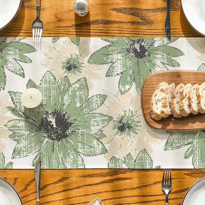Artoid Mode Green Retro Daisy Spring Table Runner, Seasonal Vintage Kitchen Dining Table Decoration for Home Party Decor 13x72 Inch