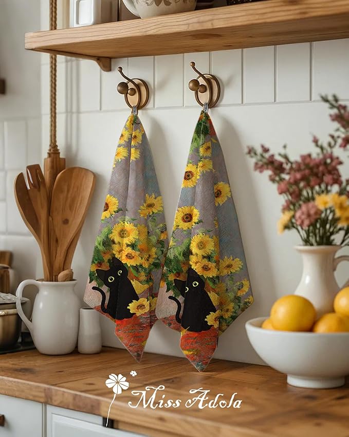 Miss Adola Flour Sack Kitchen Towels - Set of 2 Cotton Dish Towels with Hanging Loop Decorative 18x26 Inch Absorbent Cute Design for Housewarming Gifts, Cat Blossom