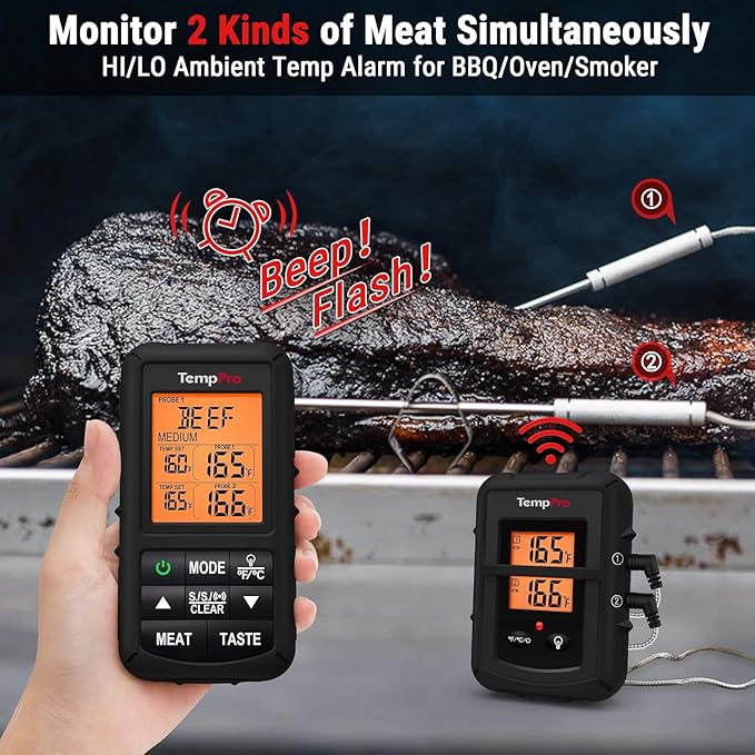 TempPro TP20 500FT Wireless Meat Thermometer with Dual Meat Probe, Digital Cooking Food Meat Thermometer Wireless for Smoker BBQ Grill Thermometer Beef Steak Turkey Thermometer (Previously ThermoPro)