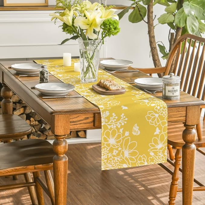Artoid Mode Yellow Bloom Flowers Butterfly Spring Table Runner, Seasonal Holiday Kitchen Dining Table Decoration for Home Party Indoor 13x36 Inch