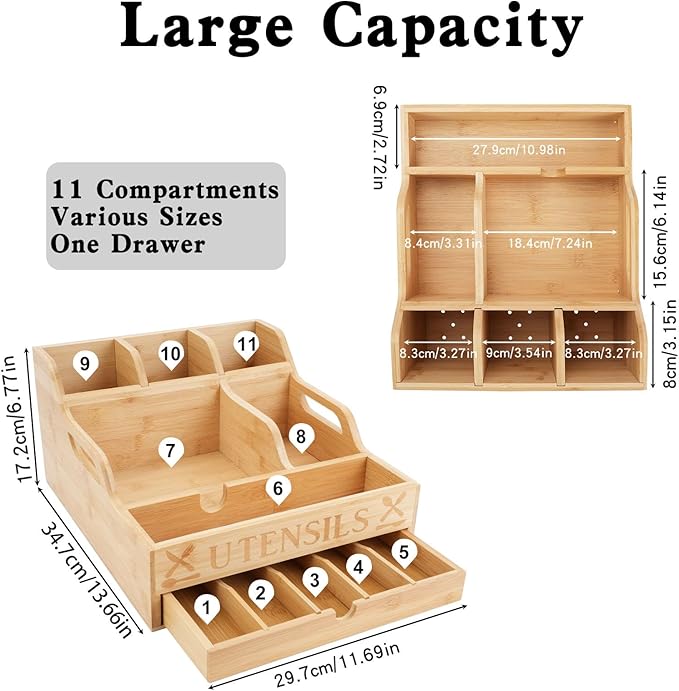 Large Kitchen Utensil Holder with Drawer Organizer, 11 Compartment Bamboo Silverware Organizer for Countertop, Cutlery Tray with Dividers for Flatware Spoon Forks Knives Cooking Tool