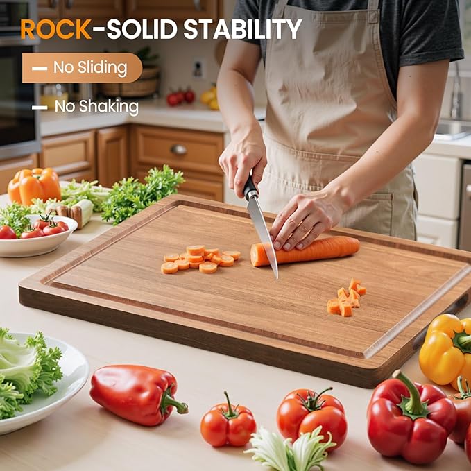 Acacia Wood Cutting Boards for Kitchen, 17x12 Inch Butcher Block with Deep Juice Grooves & Non-Slip Handle Reversible Chopping Board for Meat Cheese Vegetables