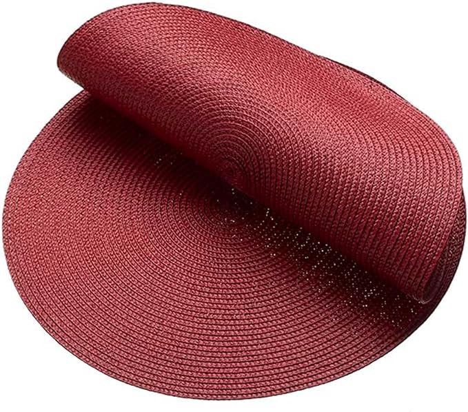 AHHFSMEI Round Placemats Set of 6 Heat Resistant Washable Non-Slip Woven Braided Table Mats for Dining Table Kitchen & Home Decor (Burgendy Red)