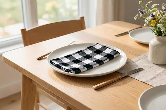 PurpleEssences Buffalo Plaid Cloth Napkins - Mitered Corners - Spring Easter Summer - Gingham Check Dinner Napkin - Set of 12-100% Cotton - 18x18 Inch - Reusable Washable - Black and White