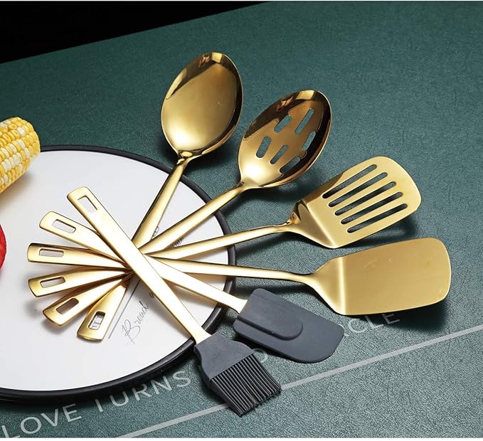 Gold Cooking Spoons, Berglander 6 Pieces Spatula Set Stainless Steel, Metal Spatula, Serving Spoon, Kitchen Tools Set Non-Stick And Heat Resistant, Dishwasher Safe, Easy to Clean (6 Packs)