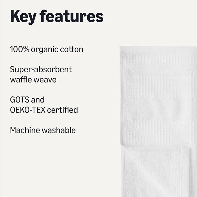 Amazon Basics Organic Cotton Waffle Kitchen Dish Cloths - Ultra Absorbent, Quick Drying, Lint-Free, 12 x1 2 inches, 6-Pack, White