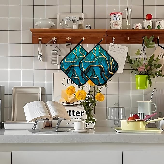 Pot Holders for Kitchen Heat Resistant Pot Holders,Abstract Turquoise Stone Marble Set of 2 Oven Hot Pads for Cooking Baking BBQ Gifts for Women Men