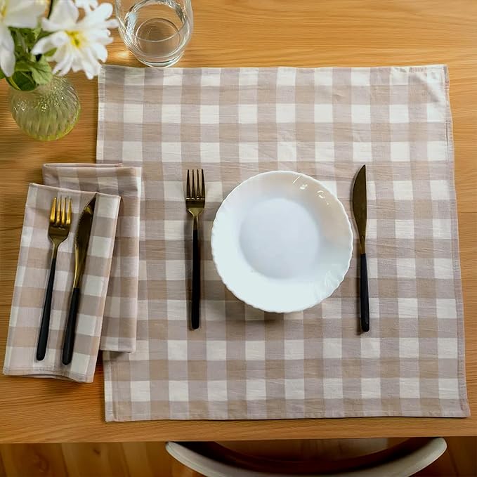 Cloth Napkins Set of 12, 100% Cotton Reusable Gingham Printed Dinner Napkins, 18x18 Inch Washable Table & Kitchen Napkins for Home, Dining, Entertaining – Beige & Sand