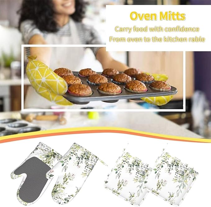 Sage Green Eucalyptus Oven Mitts Watercolor Butterfly Leaves Pot Holders Cooking Apron Set of 5 Silicone Kitchen Glove Apron Non-Slip Heat Resistant for Chef Baking Cooking Grilling BBQ