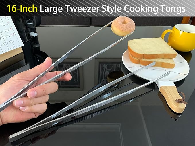 JETKONG 2 Pcs 16'' Tweezer Tongs, Extra Large Food Tweezers, Extra Long Kitchen Tweezers for Cooking Repairing and BBQ (16-Inch, Silver)