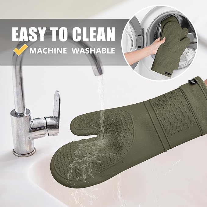 Rorecay 6pcs Oven Mitts and Pot Holders Sets for Kitchen, Extra Long Silicone Oven Gloves Heat Resistant 500 Degrees Non-Slip Potholders Hot Pads for Baking Cooking, Forest Night