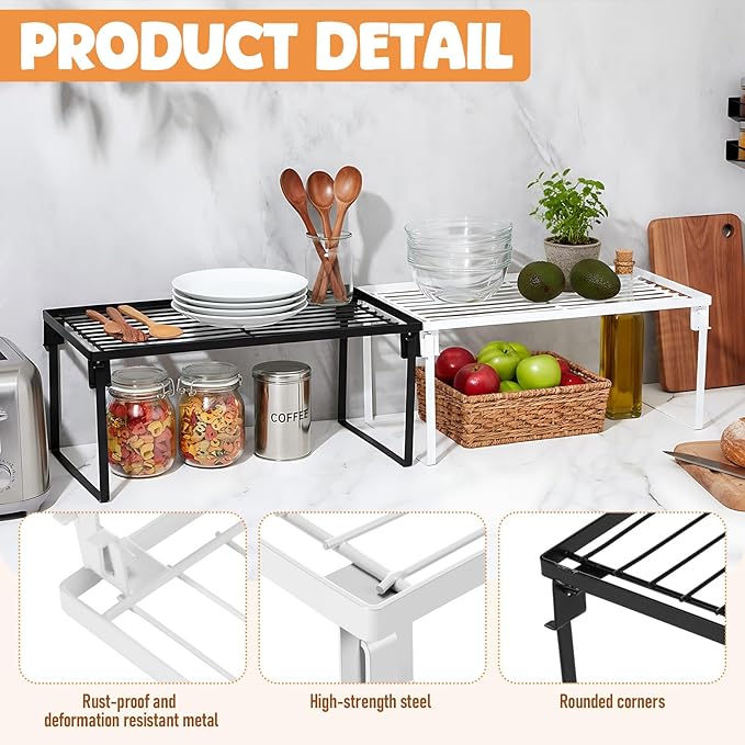 4 Pack Black and White Stackable Metal Kitchen Storage Shelf Foldable Racks, Pantry Shelf Cabinet Organizers, Expandable Storage Rack for Cabinet Fridge Bathroom (Metal)