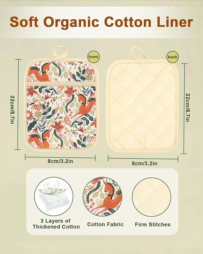 Swooflia 100% Cotton Pot Holders 2 Pack Set for Kitchen with Pockets - Cute 440°F Heat Resistant Oven Hot Pads Heavy Duty for Countertop Home Cooking Baking Microwave BBQ Horse