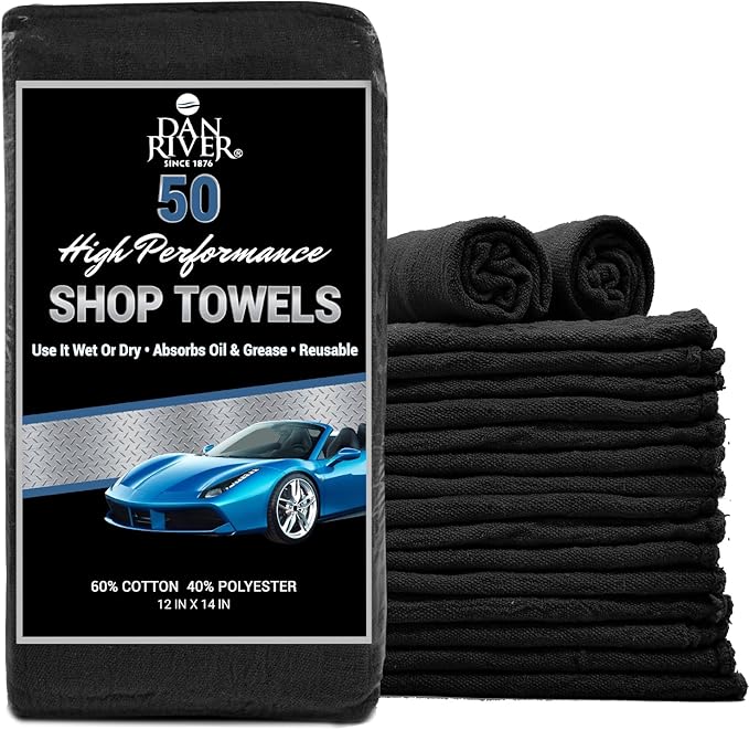 DAN RIVER Shop Towels, 50 Pack Commercial Use Black Terry Cloth Rags for Cleaning Cars & Household Surfaces – Well Absorbent, Reusable Cleaning Rags & Wash Clothes – Washable Towels