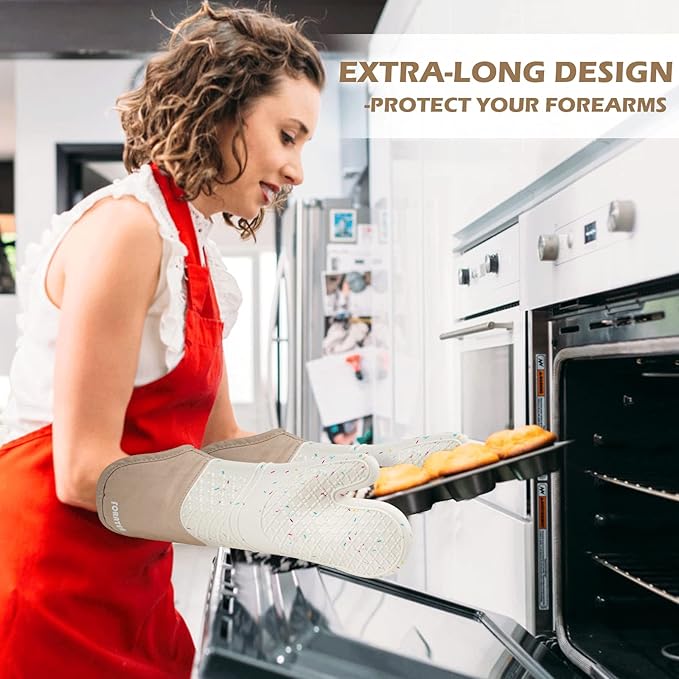 Extra Long Silicone Oven Mitts - Heat Resistant up to 500°F, 15'' Waterproof and Non-Slip Oven Gloves with Soft Quilted Liner - Perfect for BBQ, Cooking, Baking, and Grilling - 1 Pair, White