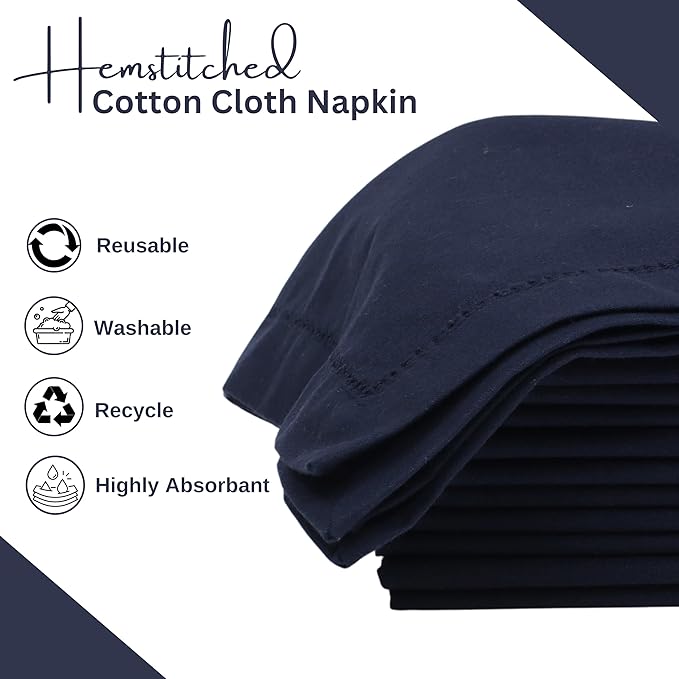 Lightnpro Hemstitched Cotton Cloth Napkins Set of 12-18x18 Inch Navy Dinner Napkins, Washable Fabric Napkins, Christmas & Holiday Table Linens, Elegant Cloth Napkins for Special Occasions