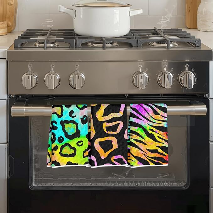 3 Pcs Colorful Zebra Print Kitchen Towels, Trendy Decorative Absorbent Microfiber Dish Cloth Tea Towel, Waffle Soft Hand Towels for Farmhouse Home Bathroom