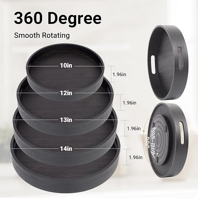 10in Black Bamboo Lazy Susan Turntable - Tall Side Anti-Fall Organizer for Pantry, Countertop & Cabinet | Round Spice & Seasoning Condiment Spinning Tray