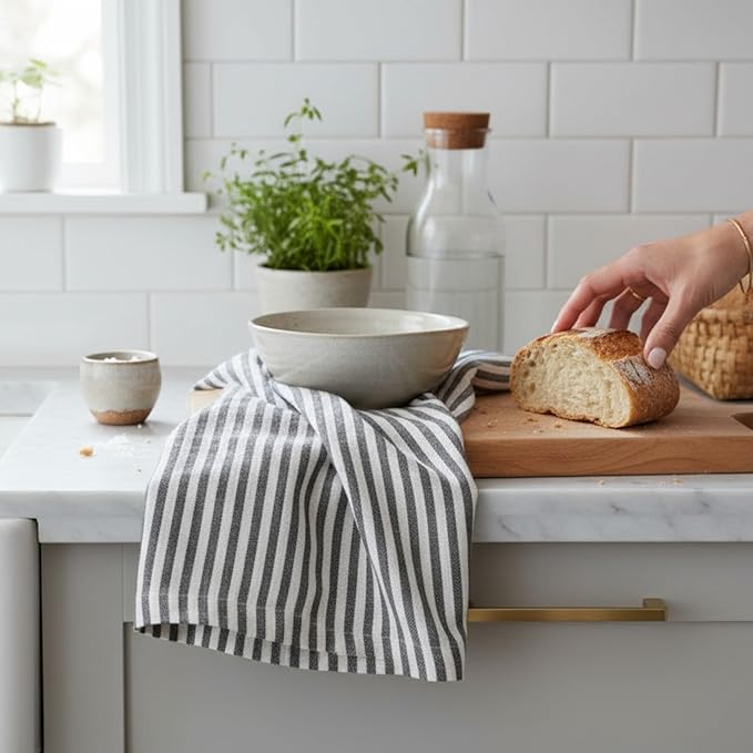 Eight Owls Stonewashed Linen Kitchen Dish Towels - 20 x 27 inch – 100% Pure Linen Tea Towel/Hand Towel - Set of 2 (Charcoal Stripe)