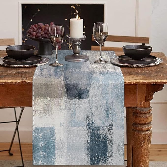 Emvency Farmhouse Table Runner, Vintage Blue and Grey Abstract Art Painting for Kitchen Coffee Table Family Dinners Holiday Parties Wedding Events Decor(13x60 inch)
