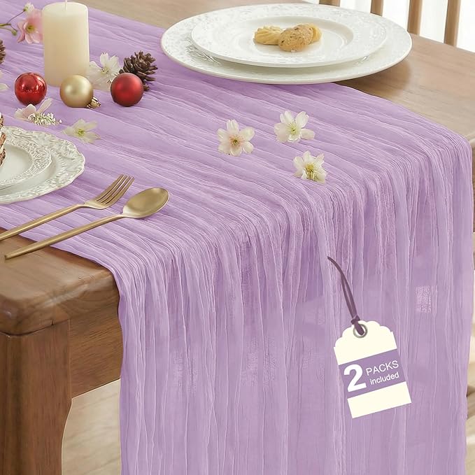 IVAPUPU 2 Pcs Cheesecloth Table Runner - 10ft Lilac Purple Lavender Spring Boho Gauze Cheese Cloth Table Runners for Baby Shower Decorations Wedding Party Garden Decor