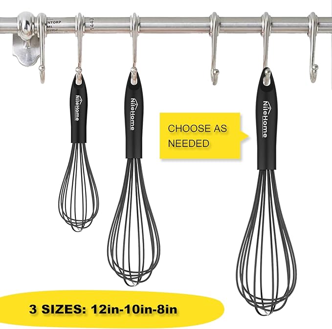 NileHome Silicone Whisk Set 8" 10" 12" Kitchen Whisk Kitchen Wisk Wire Whisks for Cooking, Whisking, Blending, Beating, Stirring-Black 3 Pack