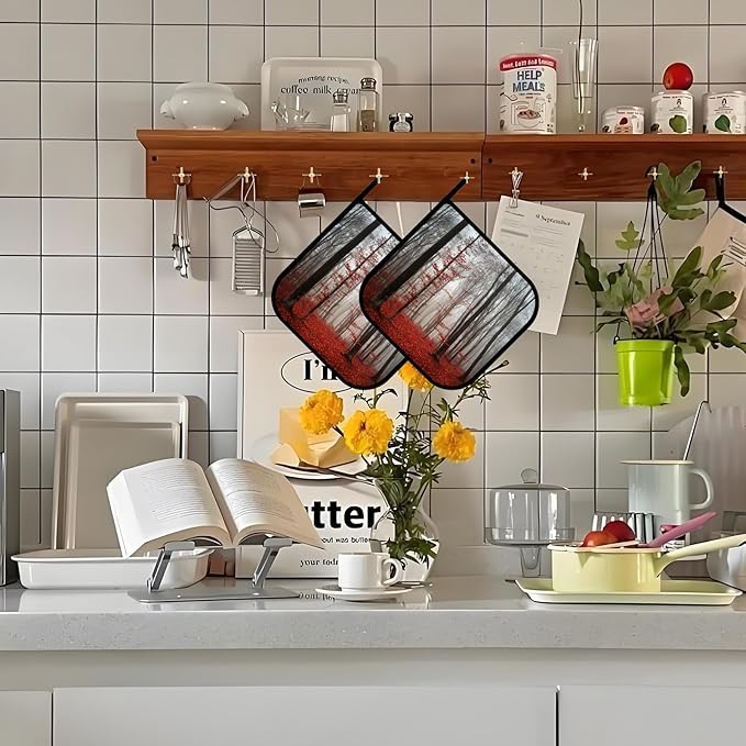 Red Mist Forest Pot Holders Set of 2,Kitchen Heat Resistant Potholder for Microwave Cooking Baking Oven and BBQ
