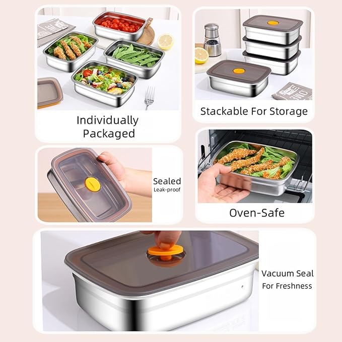 10 Pack Stainless Steel Food Storage Containers with Airtight Leak-Proof Lids, 34oz Reusable Meal Prep Lunch Boxes, Freezer & Dishwasher Safe Metal Containers for Leftovers & Snacks