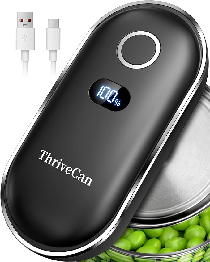 Rechargeable Electric Can Opener, Automatic One Touch Hands Free, Smooth Edge Safe Cut, Easy Open Kitchen Tool for Seniors, Arthritis & Weak Hands, Quiet Operation, LED Display (Black)