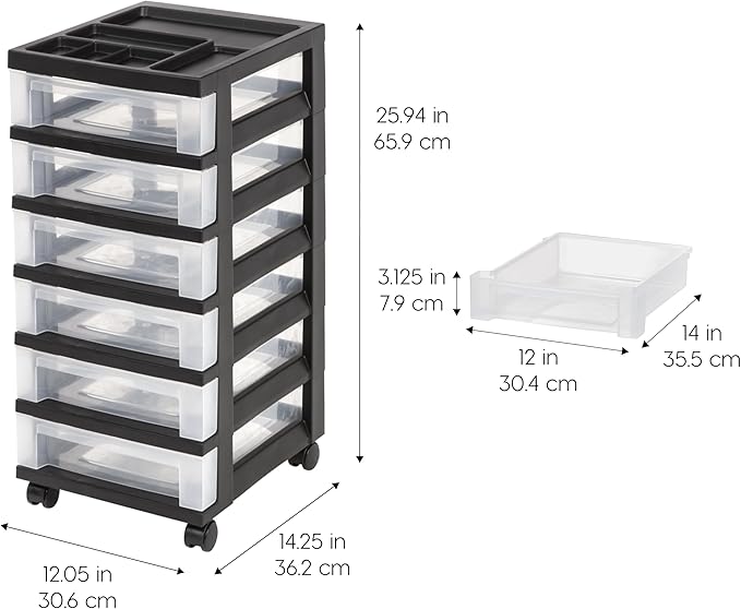 IRIS USA Plastic Drawer Storage Organizer Rolling Cart, with Wheels Casters, 6-Drawers, for Classroom Art Craft Supplies Dresser Closet Bathroom Laundry Room, Black/Clear