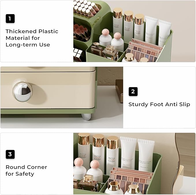 Makeup Organizer for Vanity with Brush Holder, Large Plastic Bathroom Countertop Skincare Organizer with 2 Drawers, Spacious Cosmetic Display Case for Perfumes, Eyeshadow Palettes, Nail Polishes