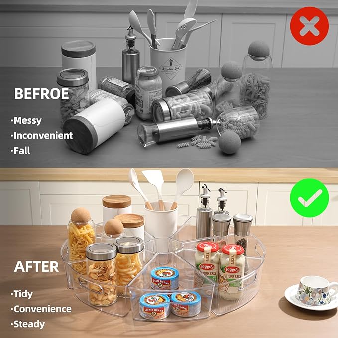 Lazy Susan Organizer Bins,10.2”x 9.4”x 4”, 26" Diameter Clear Durable Kitchen Cabinet Storage Bin Set with Handle, Food Safe, Non-Slip Pads, BPA Free