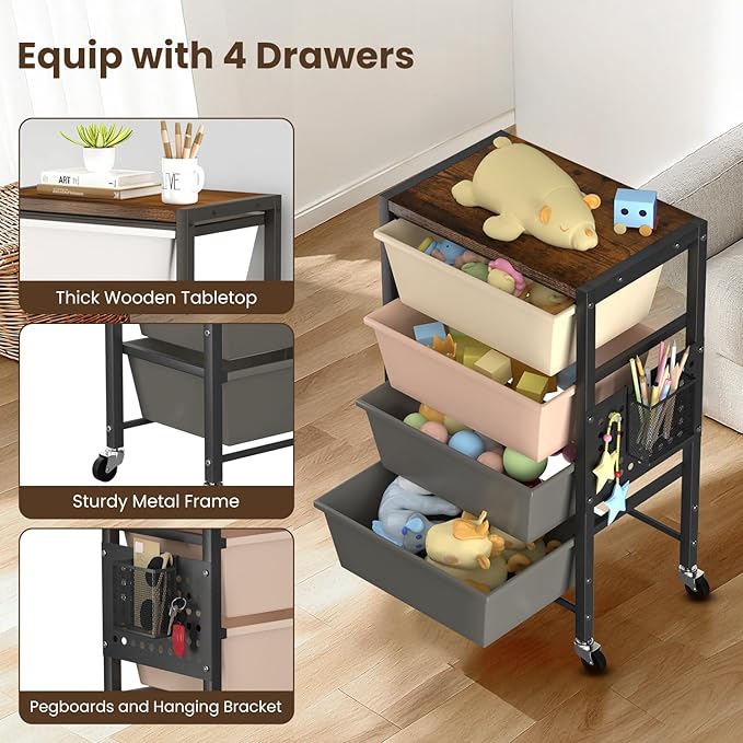 Rolling Cart with 4 Drawers, Plastic Drawer Storage Carts with Wheels & Wooden Tabletop, Metal Utility Cart with Pegboards, Office Living Room Classroom Craft Organization and Storage, Dark Brown