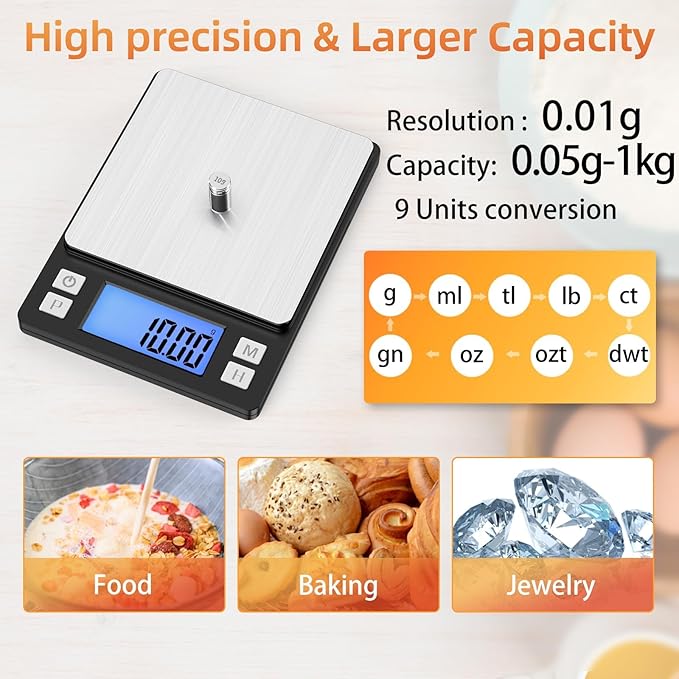 BOMATA 0.01g Small Digital Gram Scale, USB Rechargeable, Upgraded 1kg Jewelry Scale with Larger Display and Hold Function, High Precision, Grams and oz for Herb, Coin, Powder, Yeast, Kitchen Black