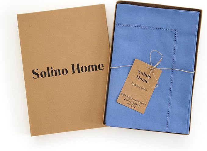 Solino Home Dusty Blue Napkins Set of 4 - Cotton Linen Hemstitch Dinner Napkins Cloth 20 x 20 Inch for Spring, Summer, Mothers Day - Handcrafted and Machine Washable