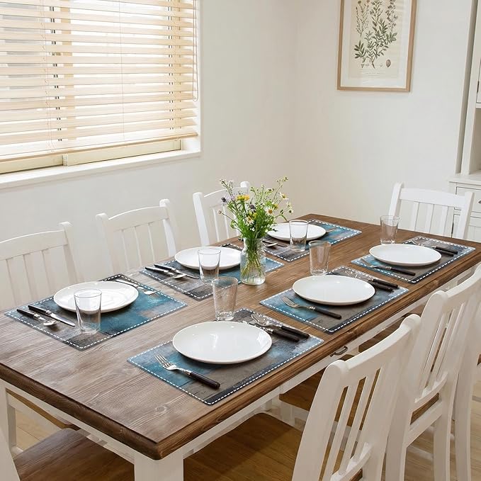 Emvency Farmhouse Placemats Set of 6, Modern Coastal Teal Blue 12x18 Inch Linen Rectangular Place Abstract Gray Table Mats for Indoors & Outdoor Home Party Kitchen Dining Decoration