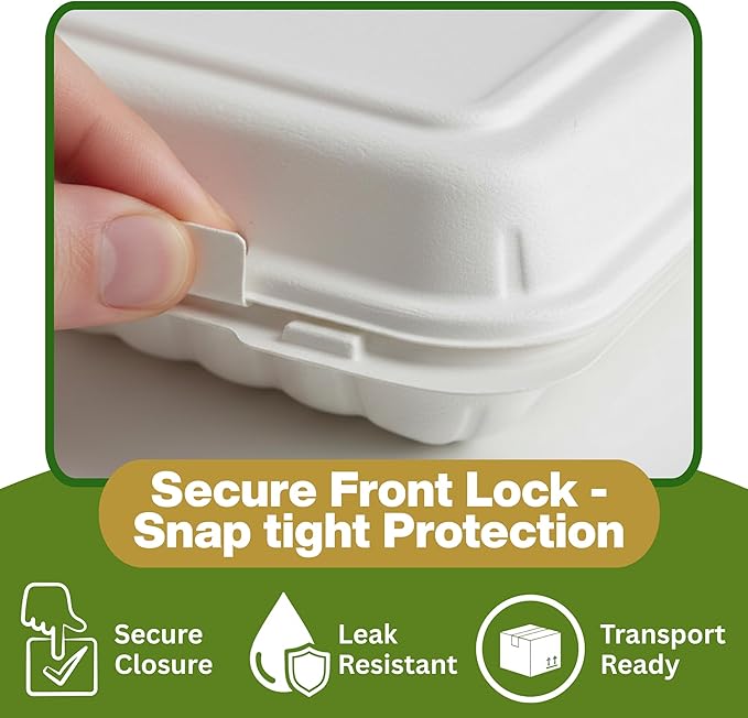 Front Lock MFPP Hinged Food Containers, 9" x 9" White Vented Clamshell – 3 Compartment Disposable Takeout Boxes, Durable Microwaveable Containers for Restaurants & Food Service – 150 Pack