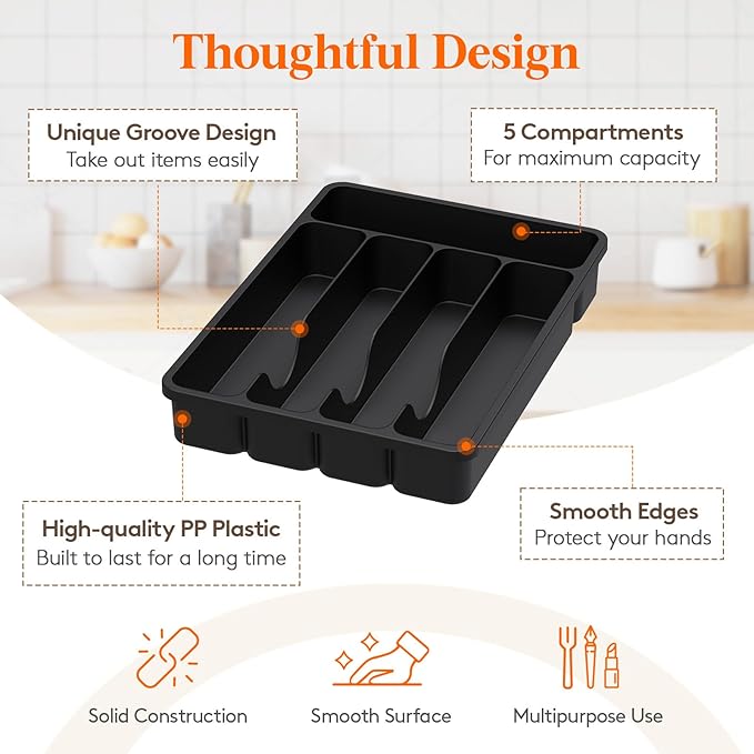 Lifewit Silverware Organizer with Lid, Covered Utensil Tray for Kitchen Drawer and Countertop, Plastic Cutlery and Flatware Storage Box for Spoons Forks Knives Holder Case, 23 x 32 cm, Black