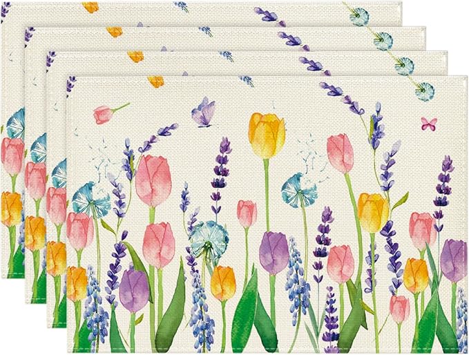 Artoid Mode Lavender Tulip Spring Placemats for Dining Table, 12 x 18 Inch Summer Seasonal Holiday Decoration Rustic Vintage Washable Table Mats Set of 4