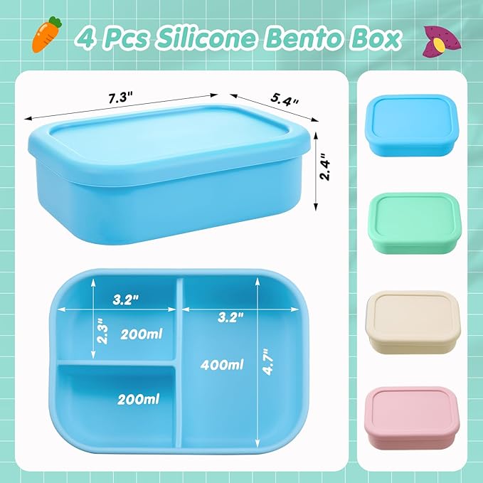Layhit 4 Pcs Silicone Bento Box for Adults, 27 oz Bento Lunch Container Reusable 3 Compartment Lunchable Food Container for Women Men, Leak Proof Microwave Dishwasher Freezer Safe (Mint Colors)