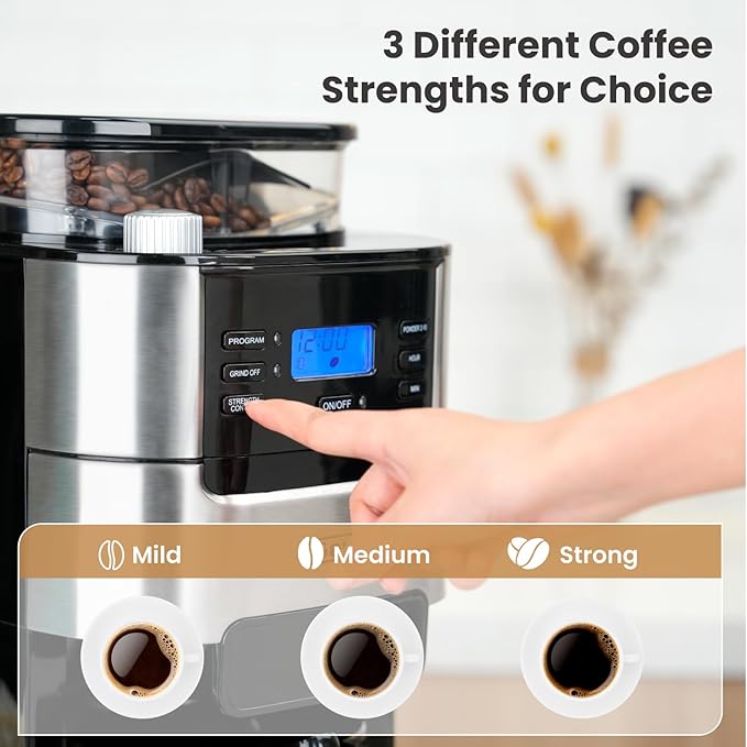 Gevi 10-Cup Drip Coffee Maker, Built-in Burr Grinder, 1.5L Water Tank, Programmable Timer, Auto Keep-Warm, Reusable Filter, Fresh Grind Coffee Machine, Black