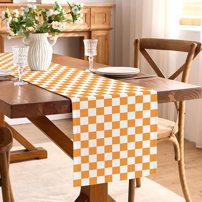 Orange Football Checkered Table Runner Tennessee Fall Thanksgiving Harvest Checkerboard Decoration for Wedding Birthday Bridal Baby Shower Home Party Kitchen Island Decor 13" x 72"