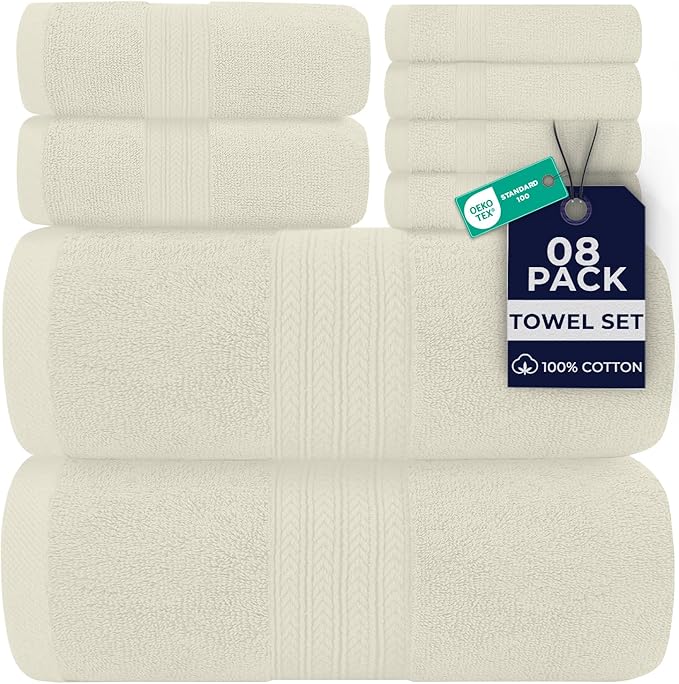 DAN RIVER 8 PC Luxury Bath Towels for Bathroom, 2 Bath, 2 Hand, and 4 Wash Cloths, 600 GSM 100% Ring Spun Cotton Towel Set, Highly Absorbent, Gym, Hotel, and Spa, Ivory
