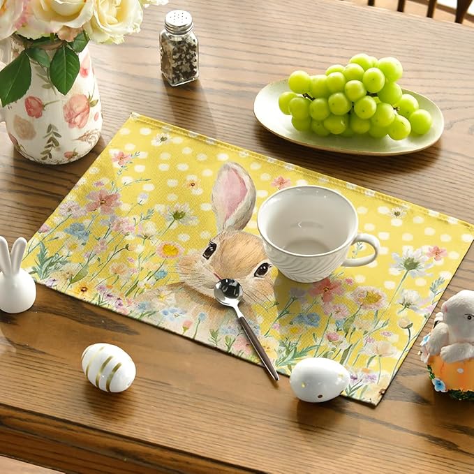 Artoid Mode Yellow Bunny Polka Dot Easter Placemats Set of 4, 12x18 Inch Flower Seasonal Spring Holiday Table Mats for Party Kitchen Dining Decoration