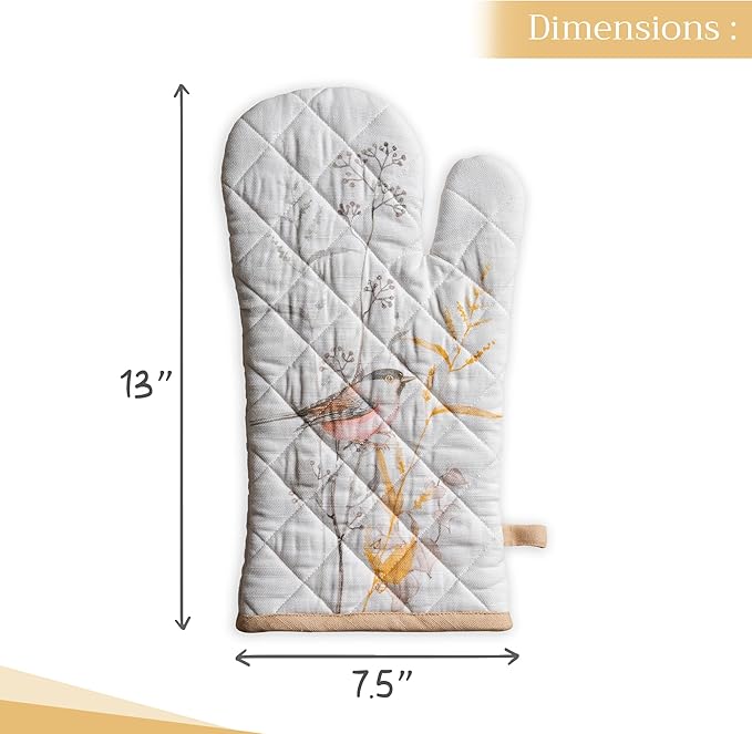 Maison d'Hermine Oven Gloves 100% Cotton Oven Mitt 7" x 13" with Loop Heat Resistant BBQ Cooking Gloves Baking Grilling Gifts for Mothers Day Spring/Summer (Pack of 1, Meadow Florals - Beige)