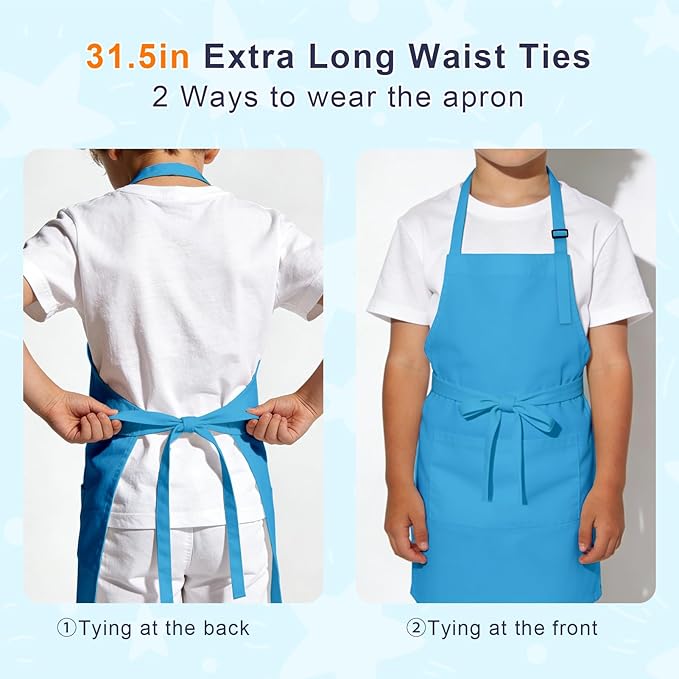 Kids Apron and Chef Hat Set, 24 Pieces Boys Girls Kids Apron with 2 Pockets Adjustable for Cooking Classroom Baking Painting, 6-13 Years, Bright Color