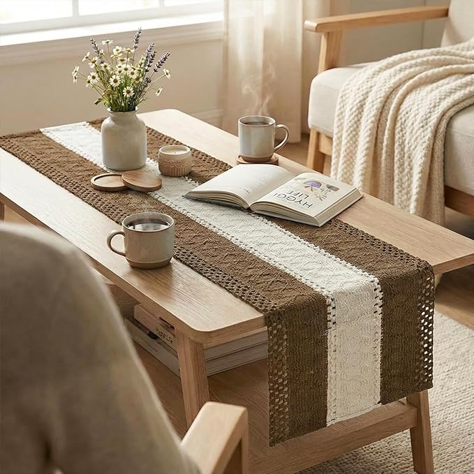 Artoid Mode Light Coffee Farmhouse Rustic Table Runner, Seasonal Hollow Kitchen Dining Table Decoration for Home Party Decor 12x72 Inch
