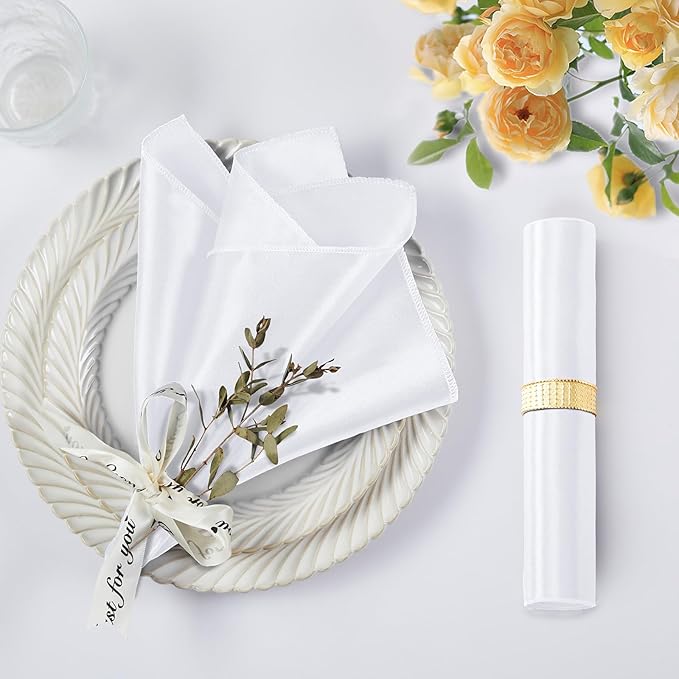 KKJIAF White Silky Satin Napkins (12 Pieces, 17x17 Inches),Washable Polyester Square Table Napkins for Wedding Dinner Party Decoration