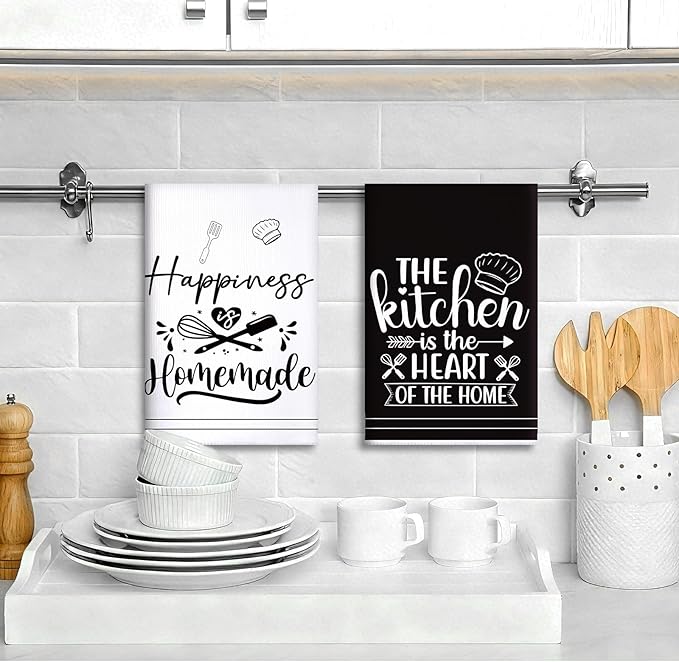 Sratte 6 Pcs Kitchen Decor Accessories Set Farmhouse Towels Pot Holders Oven Mitts Set 2 Dish Towels 2 Potholders 2 Cooking Mittens Oven Glove for Christmas Baking Cooking Supply(White,Kitchen)